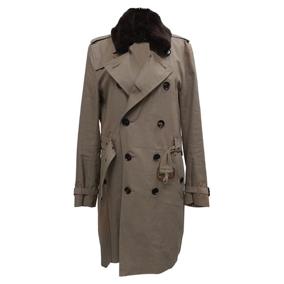 Burberry Belted Double-Breasted Fur-Collared Trench Coat in Beige Cotton - Picture 1 of 4